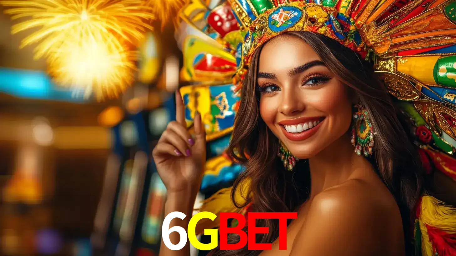 Mulher sorridente com um cocar de carnaval vibrante e colorido, celebrando uma grande vitória nos jogos do cassino 6GBET com fogos de artifício ao fundo.