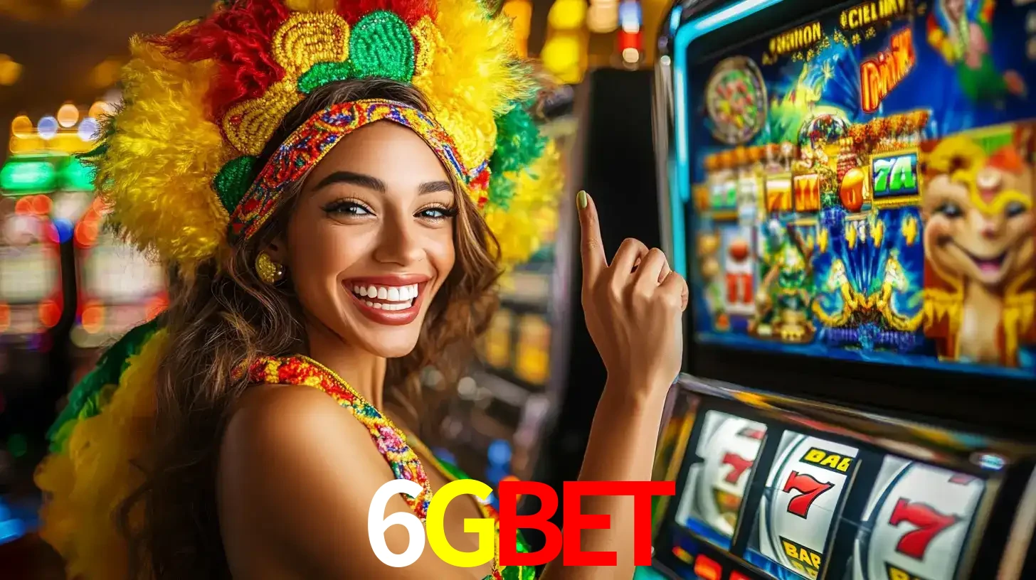 Mulher animada com um cocar de carnaval apontando para uma máquina de caça-níqueis, mostrando a emoção de ganhar um grande prêmio nos jogos do 6GBET.