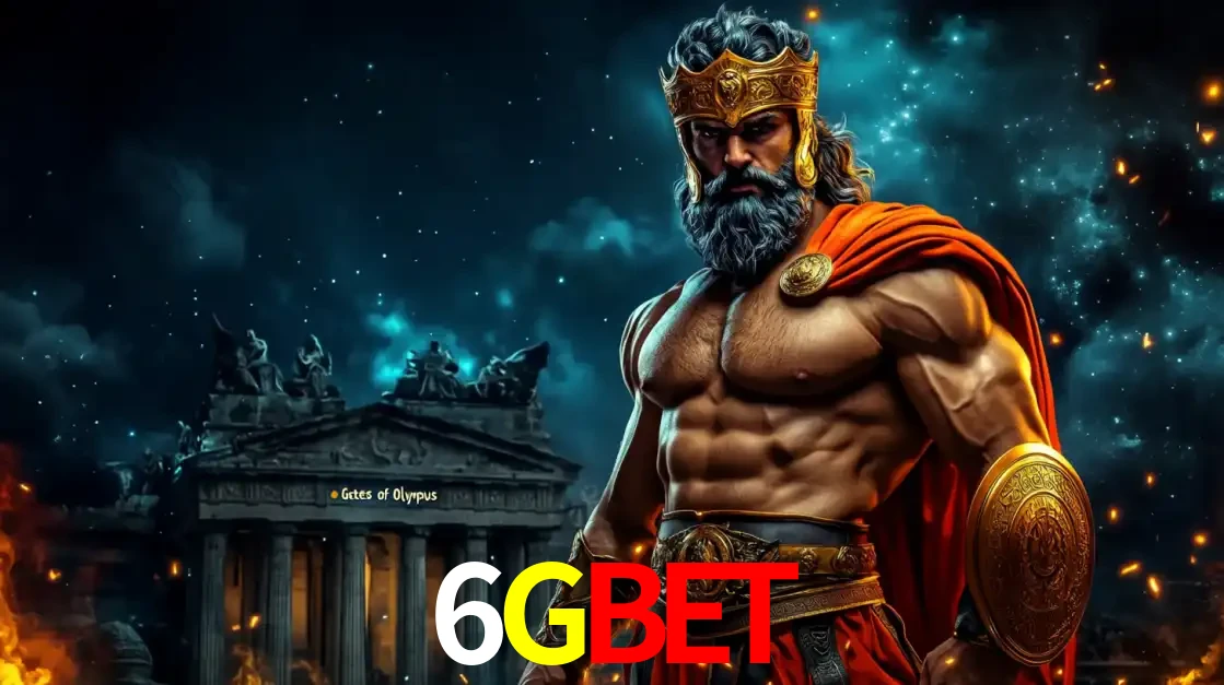 O poderoso Zeus do jogo de slot Gates of Olympus em frente ao seu templo, pronto para lançar multiplicadores divinos e prêmios épicos no cassino online 6GBET.