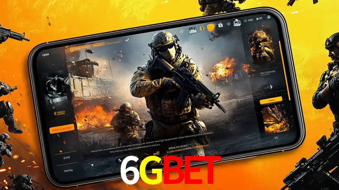 Um smartphone exibindo a interface de um jogo de tiro em primeira pessoa, com um soldado em um cenário de batalha, representando a ação dos e-sports para apostar no 6GBET.