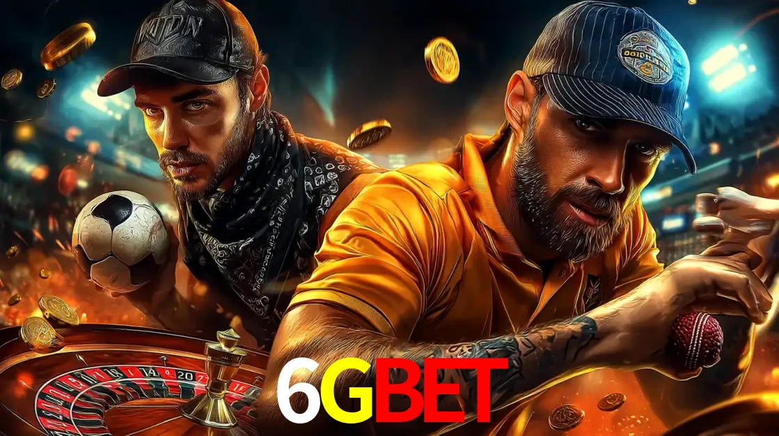 Montagem de apostas esportivas e cassino no 6GBET, com um homem segurando uma bola de futebol e outro uma de beisebol sobre uma roleta e moedas voadoras.