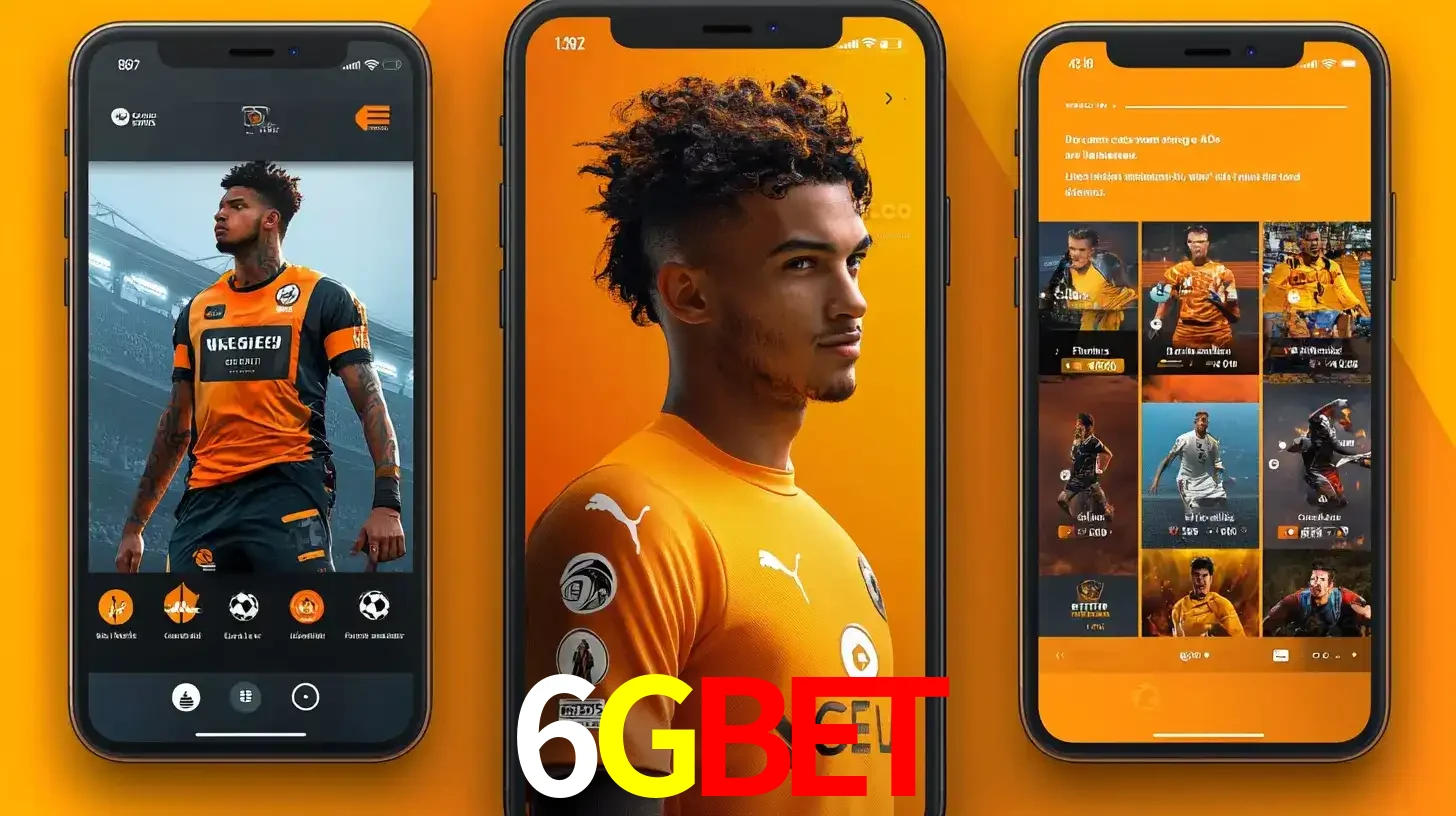 Interface do aplicativo de apostas esportivas 6GBET em três telas de celular, mostrando o perfil de um jogador de futebol e a lista de jogos disponíveis para apostar.