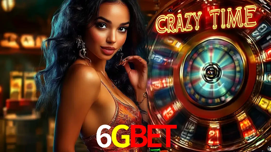 Mulher elegante ao lado da vibrante roda da fortuna do jogo de cassino ao vivo Crazy Time, um dos game shows mais populares e cheios de prêmios do 6GBET.