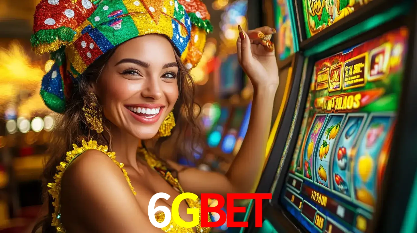 Mulher feliz com traje de carnaval amarelo e colorido ao lado de uma máquina de caça-níqueis, aproveitando a diversão e os jogos temáticos do cassino 6GBET.