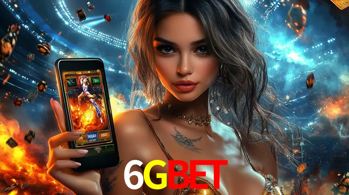 Mulher segurando um celular com um jogo de slot em destaque, tendo como fundo um estádio vibrante, simbolizando a emoção de jogar no cassino móvel 6GBET.